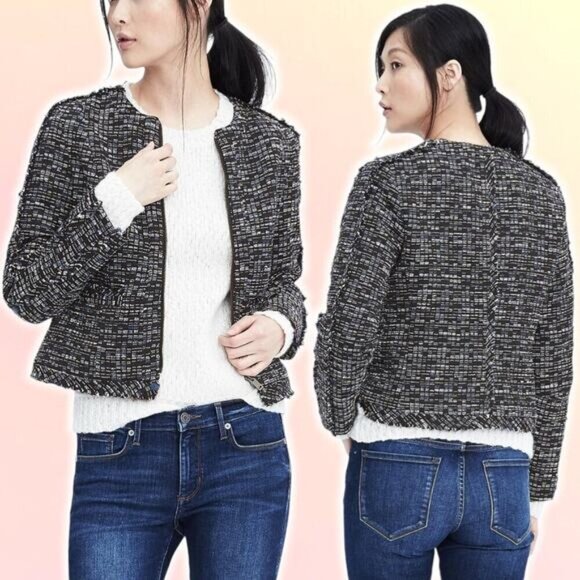 BANANA REPUBLIC Tweed Fringe Boucle Zip Blazer Jacket Sz 0 Navy - Picture 1 of 5